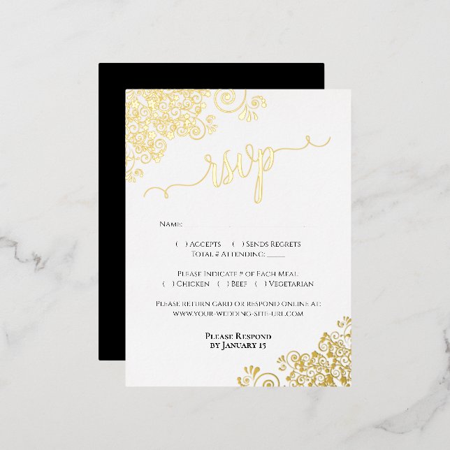 Elegant Black with Gold Foil Wedding RSVP Card (Front/Back)