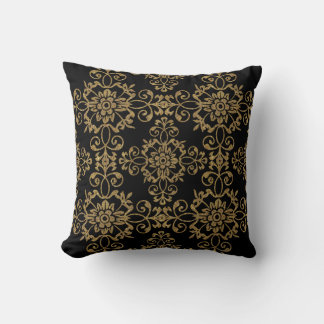 Elegant Black with Gold Glitter Damask Design Throw Pillow