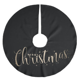 Elegant Black with Gold Merry Christmas Typography Brushed Polyester Tree Skirt