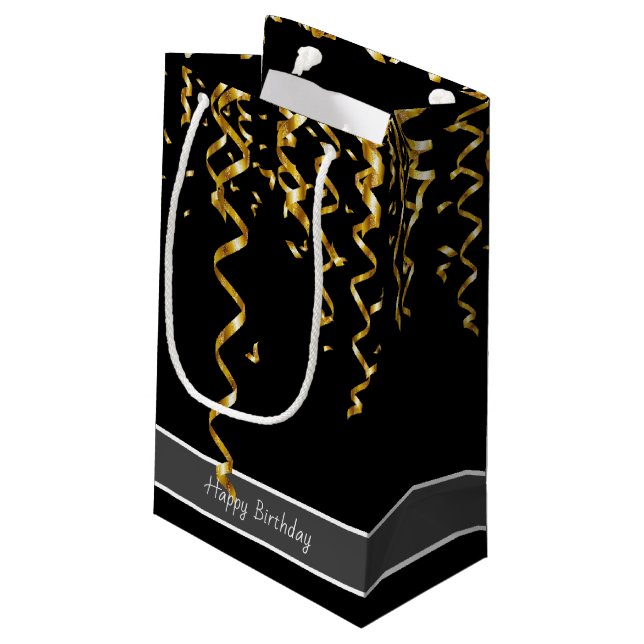 Elegant Black with Gold Streamers, Editable Text Small Gift Bag (Back Angled)