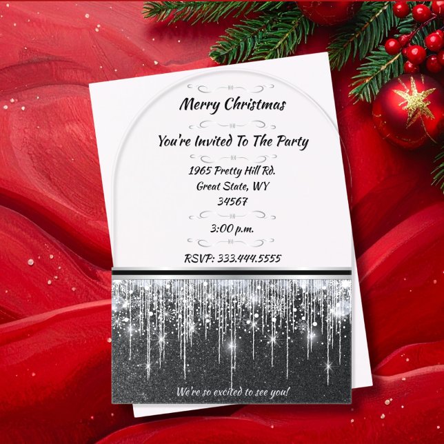 Elegant Black with Silver Accents Christmas Party Acrylic Invitations (Elegant, clear acrylic arched Christmas party invitations that can be personalized for any event)