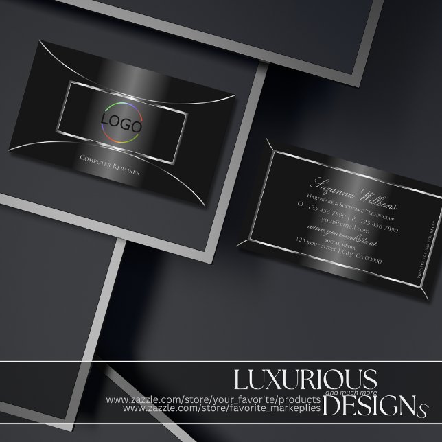 Elegant Black with Silver Decoration and Logo Cool Business Card (Creator Uploaded)