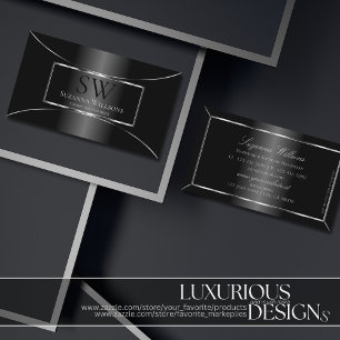 Elegant Black with Silver Decoration and Monogram Business Card
