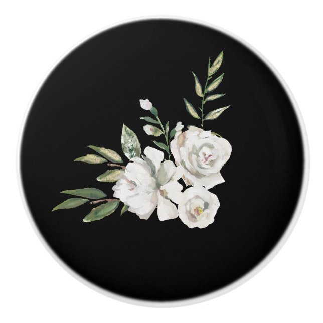 Elegant Black with White Flowers Drawer Ceramic Knob (Front)