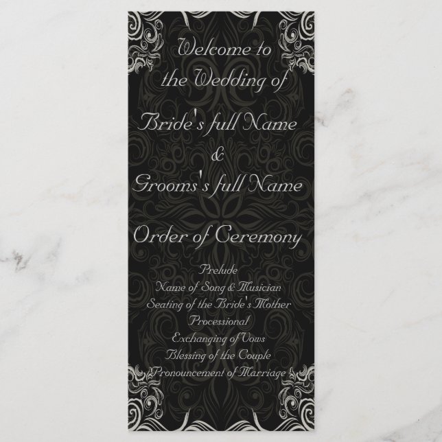 Elegant Black with White Swirls Wedding Program (Front)