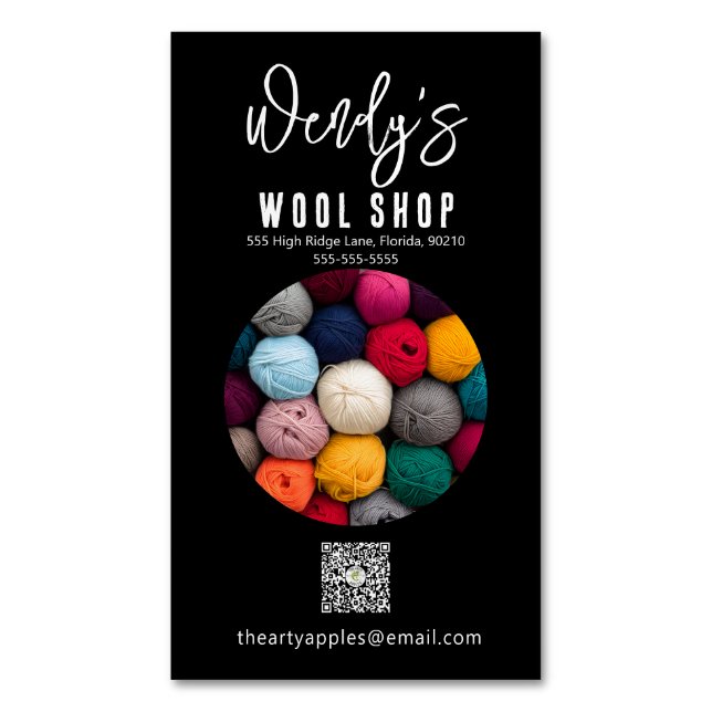 Elegant Black wool shop workshop business card  (Front Vertical)