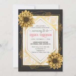 Elegant Black Yellow Baby Shower Sunflower Frame Invitation