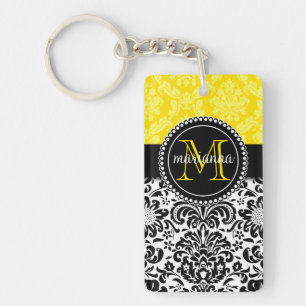 Elegant Black Yellow Damask Personalized Keychain