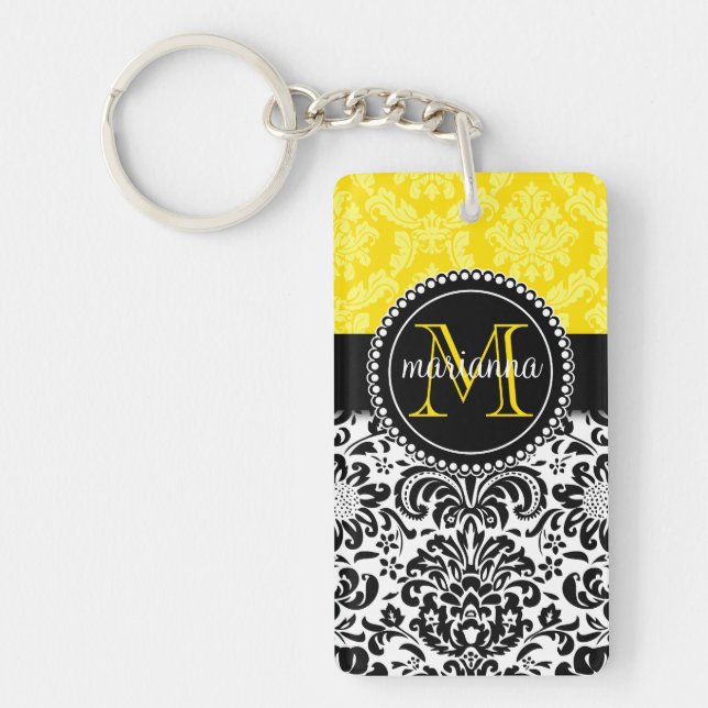 Elegant Black Yellow Damask Personalized Keychain (Front)