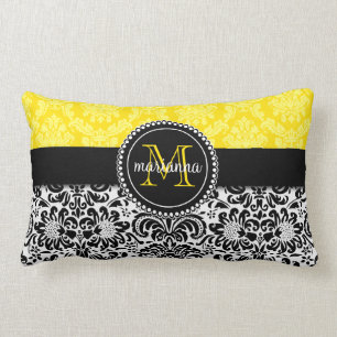 Elegant Black Yellow Damask Personalized Lumbar Pillow