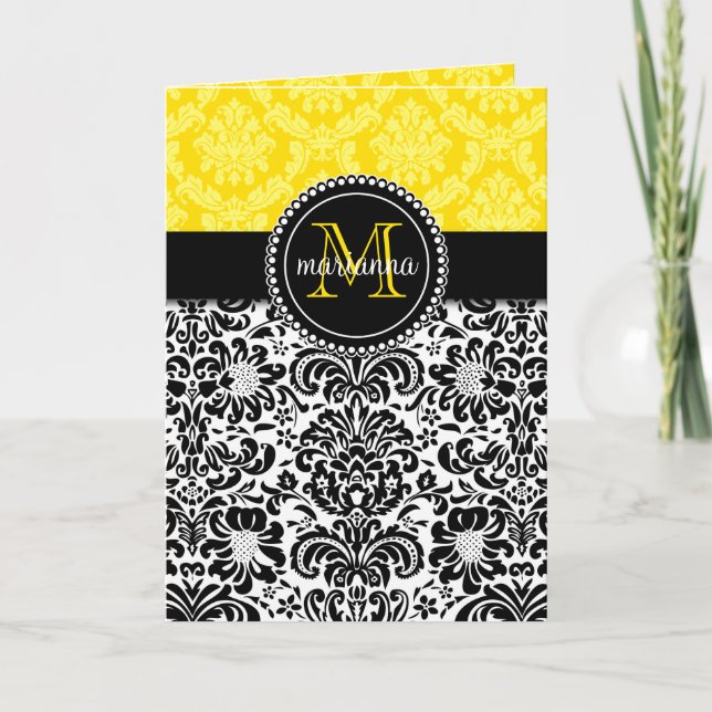 Elegant Black Yellow Damask Personalized Note Card (Front)