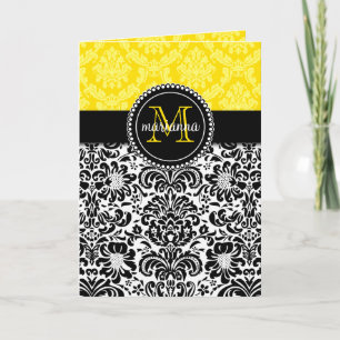 Elegant Black Yellow Damask Personalized Note Card