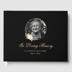Elegant Black Yellow Rose Floral Funeral Photo Guest Book
