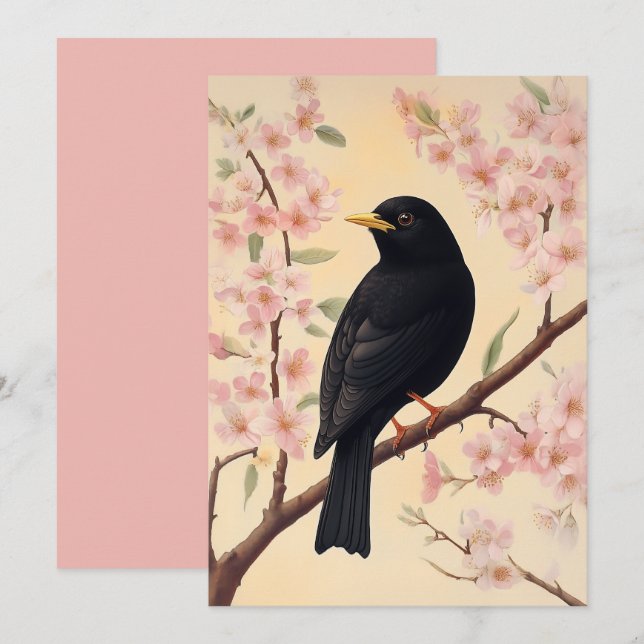 Elegant Blackbird on Blossoms Invitation (Front/Back)