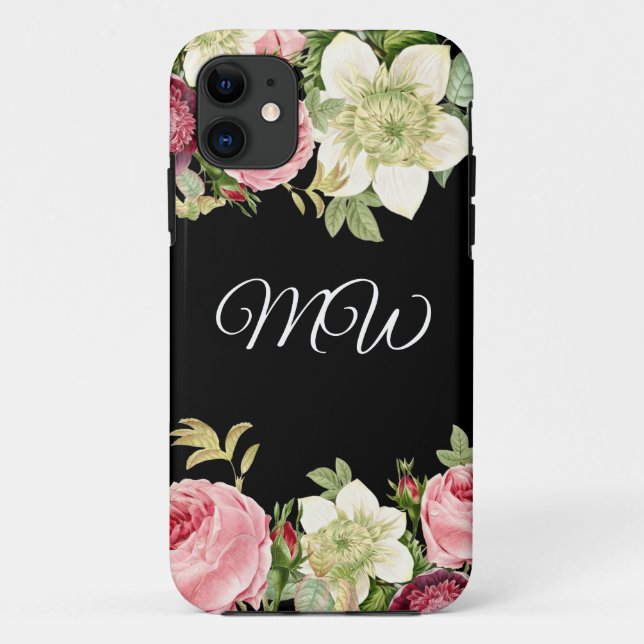 Elegant BlackFloral Monogram Case-Mate iPhone Case (Back)