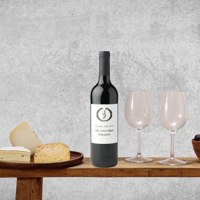 Elégant blanc avec Étiquette de vin Monogram Wreat (Créateur téléchargé)