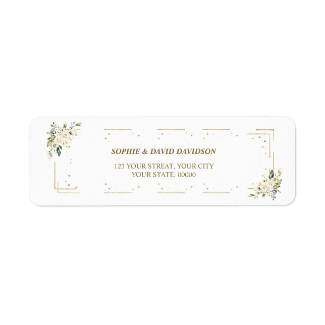 Élégant Blanc Floral Gold Adresse de retour Label (Devant)