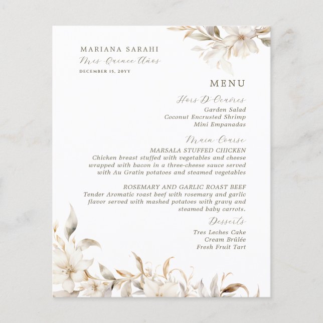 Elégant blanc Floral Quinceanera menu de boissons  (Devant)