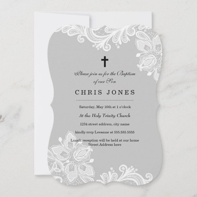 Elégant Blanc Gris Lace Baptême Invitation (Devant)