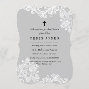 Elégant Blanc Gris Lace Baptême Invitation