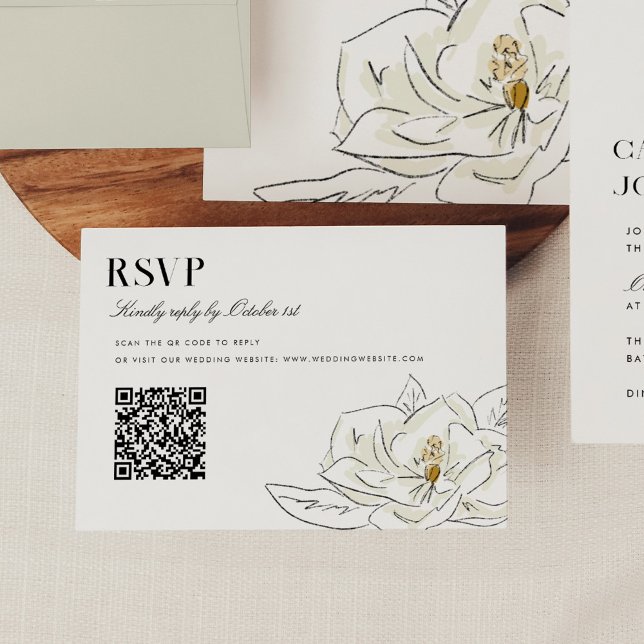 Elégant blanc Magnolia Mariage QR Code RSVP (Elegant Southern-inspired white magnolia illustration wedding RSVP QR code cards.)