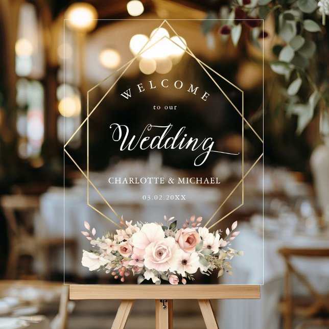 Elégant, Blanc, Pastel, Fleur, Mariage géométrique (Personalized Elegant, White, Pastel, Flower, Geometric Wedding Acrylic Sign with your names and date)