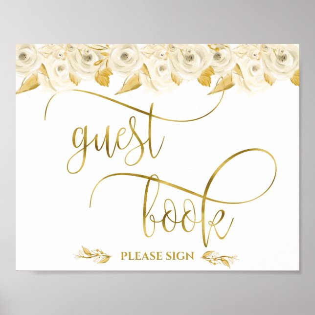 Elégant blanc roses or calligraphie livre d'or (Devant)