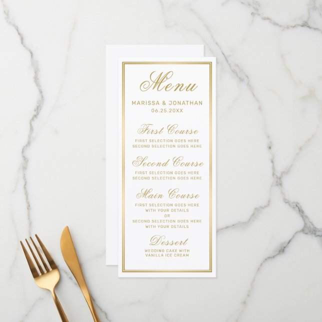 Elégant Blanc Script Gold Menu Mariage chic (Devant/Arrière en situation)