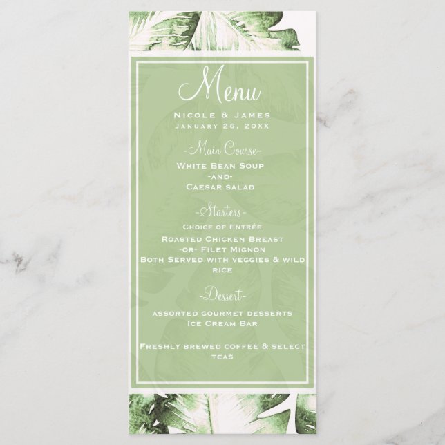 Elégant Blanc Vert Tropical Feuille Menu Mariage (Devant)