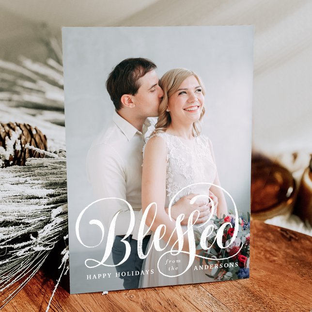Elegant Blessed Hand-Lettered Script Photo Holiday Card (Creator Uploaded)