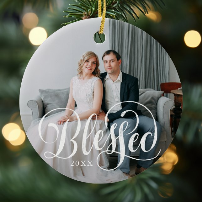 Elegant Blessed Script Photo Ceramic Ornament (Creator Uploaded)