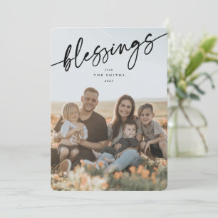 Elegant 'Blessings' Black Typographic Script Holiday Card