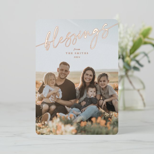 Elegant 'Blessings' Typographic Script Foil Holiday Card (Standing Front)