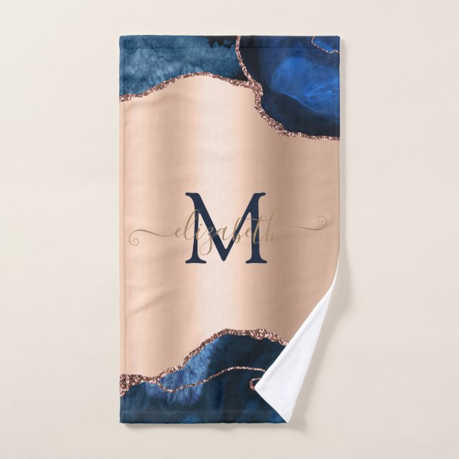 Élégant Bleu Agate Marbre Rose or (Serviette à main)