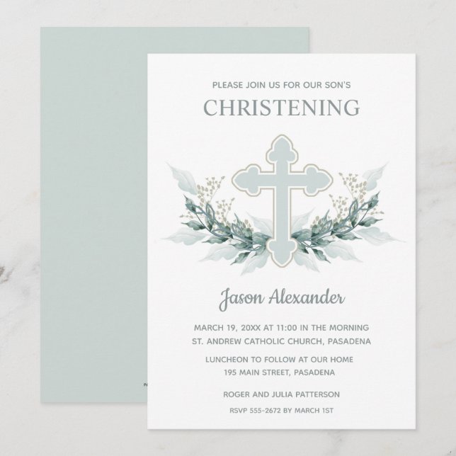 Elégant bleu aquarelle Christening Invitations (Devant / Derrière)