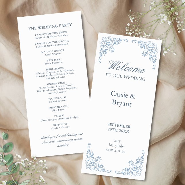 Élégant Bleu Blanc Côtier Chic Programme de Mariag (elegant blue and white coastal chic wedding programs for bridal reception with vintage border edge)