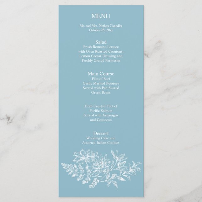 Elégant Bleu Blanc Fleur Mariage Accueil Menu (Devant)