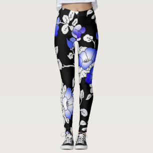 Élégant Bleu Blanc Noir Leggings Floraux