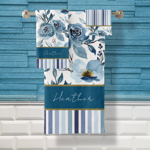 Élégant bleu bleu blanc floral rayure Monogramme