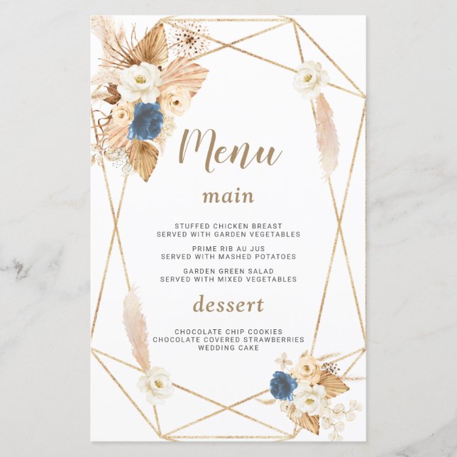 Elégant bleu bleu blanc Pêche Rose menu Mariage (Devant)