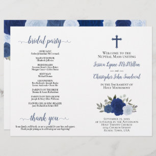 Élégant Bleu Boho Rose Programme de mariage cathol