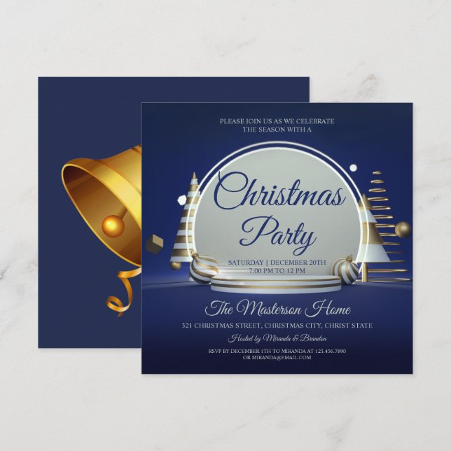 Elégant Bleu et Argent Noël Invitation (Devant / Derrière)