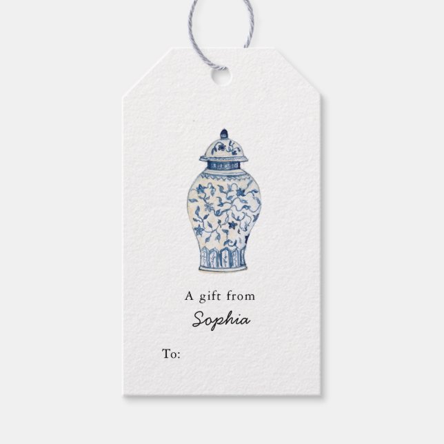 Élégant Bleu et blanc Ginger Jar étiquettes cadeau (Devant)