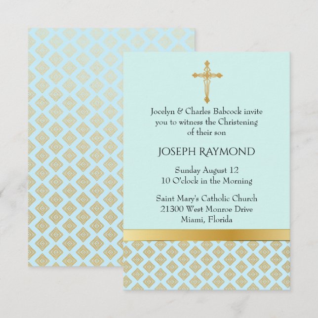 Elegant Bleu et Or Bébé Christening Invitation (Devant / Derrière)