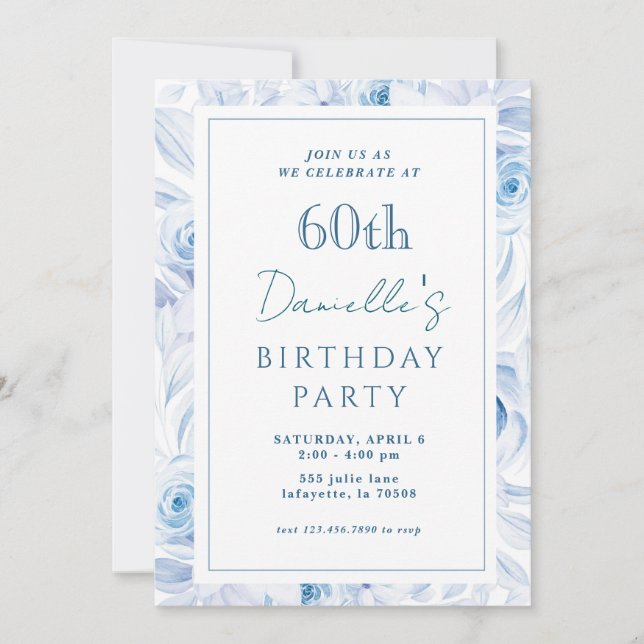 Elégant bleu floral 60e anniversaire Invitations (Devant)