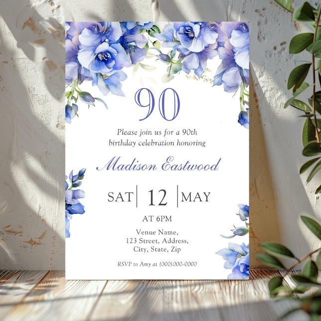 Elégant bleu floral 90e anniversaire Invitation (Créateur téléchargé)