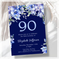 Elégant bleu floral 90e anniversaire Invitation