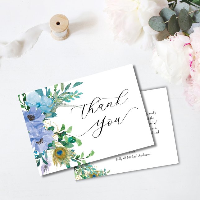 Elégant bleu Floral Boho Mariage Carte de remercie (Créateur téléchargé)