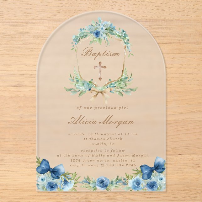 Elégant bleu Floral Cross Baptism Invitation (Recto)