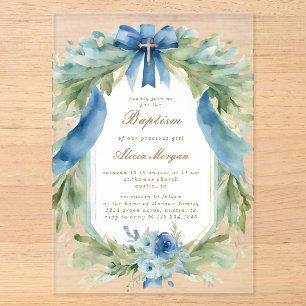 Elégant bleu Floral Cross Baptism Invitation